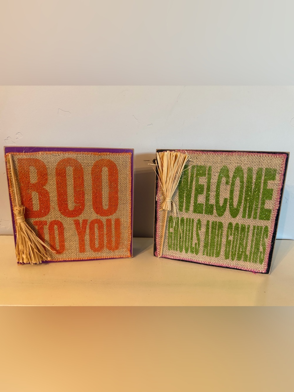 Halloween Burlap Tabletop Plaque Set in Orange and Green - Home Accents